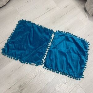 Lux Peacock Blue Accent Pillow Covers with Pom-Pom Trim